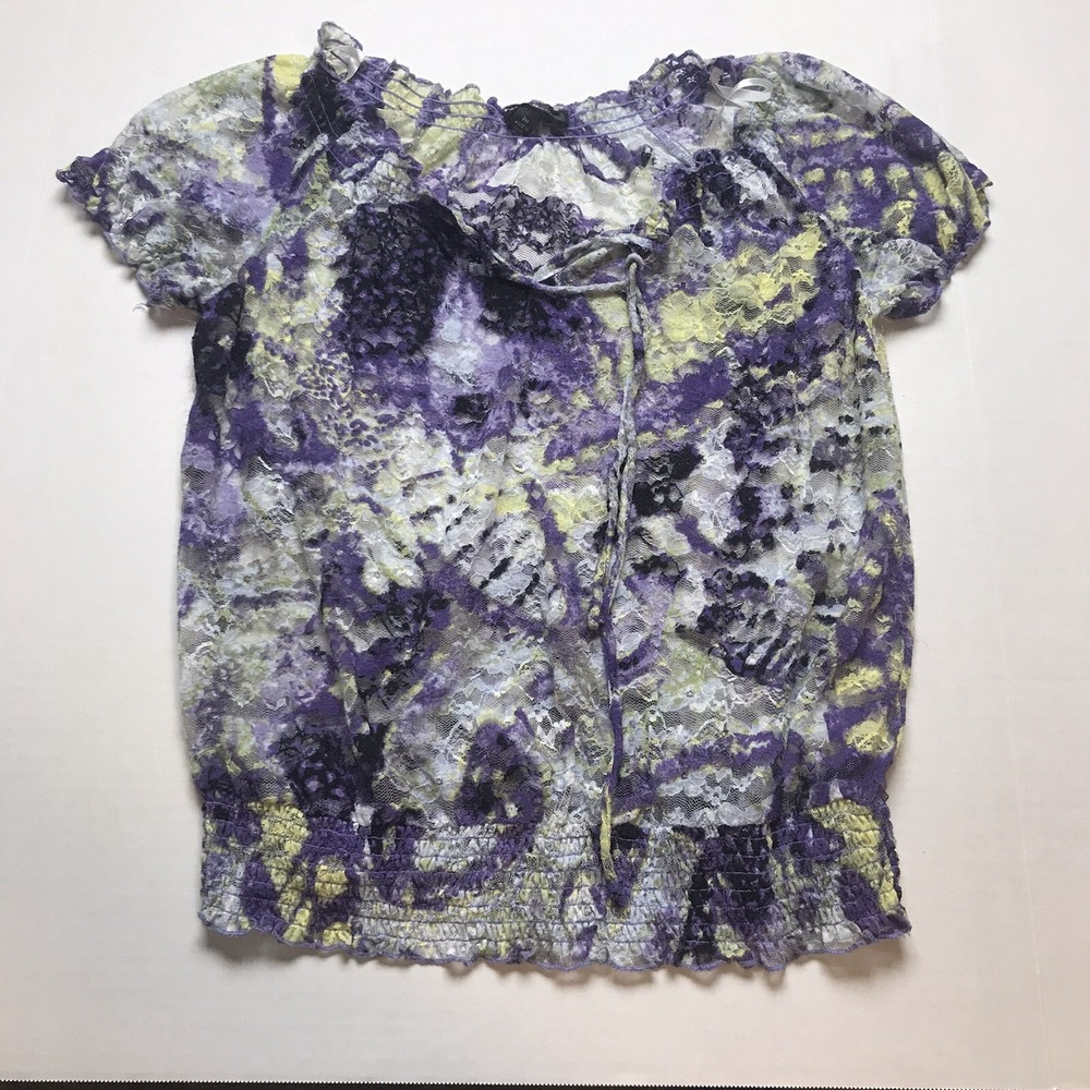 AGB Petites Womens Size PM Black Colorful Floral Print Lace Sheer Top A156